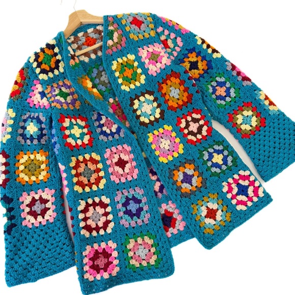 Womens Medium Large Granny Square Crochet Knit Cardigan Sweater Boho - Picture 2 of 7